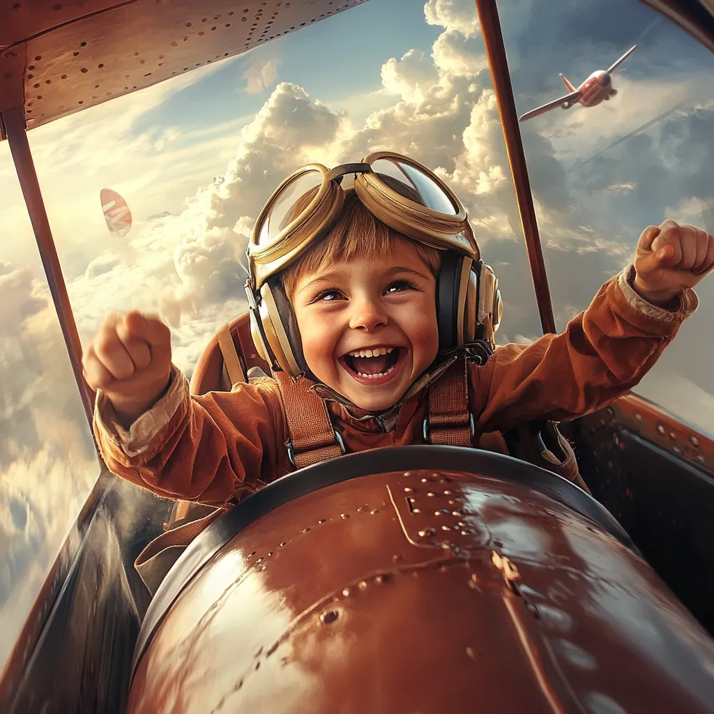 A joyful young child, wearing a pilot's helmet and goggles, sits in the cockpit of a vintage biplane.  Arms outstretched, the child beams with exhilaration, experiencing the thrill of flight.  A distant airplane is visible through the open cockpit, adding to the adventurous scene of a bright, cloudy sky. The image evokes a sense of childhood wonder and limitless possibilities.