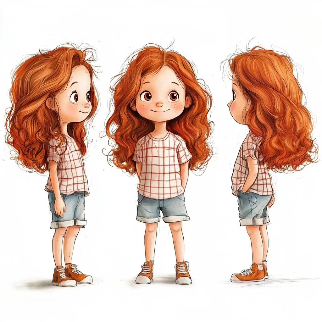 An illustration showcases a charming little girl with vibrant red, curly hair.  She's depicted in three different poses: a side profile, a front view, and a three-quarter view.  She's wearing a red and white checkered shirt and denim shorts, and orange sneakers. The style is whimsical and childlike, with soft features and a playful demeanor.