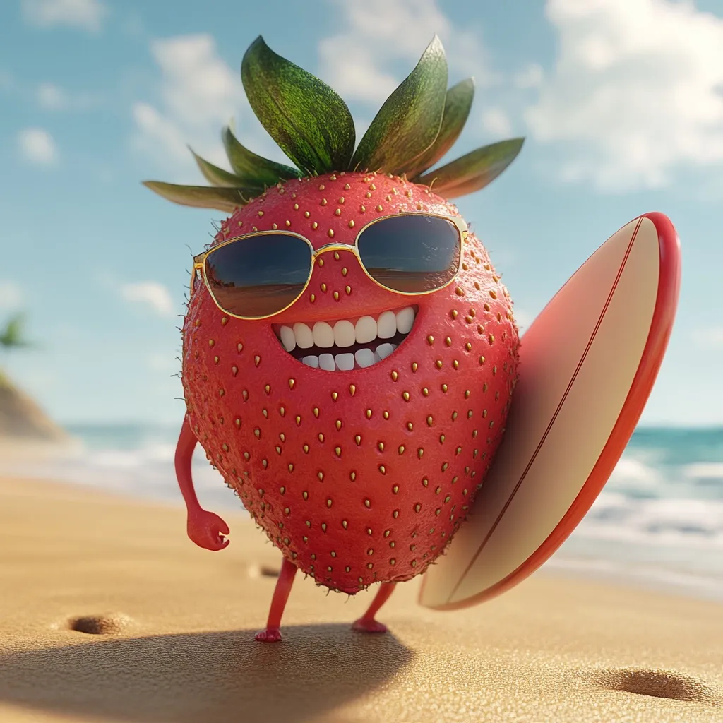 A cheerful cartoon strawberry, wearing sunglasses, carries a surfboard on a sunny beach.  Its bright red body is detailed with tiny seeds, and it has a wide, toothy grin.  The scene is idyllic, suggesting a fun summer day at the coast.  The strawberry's happy expression conveys a sense of playful enjoyment.