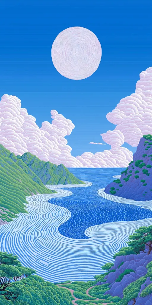 A stylized coastal landscape unfolds under a large, textured moon.  Pastel clouds drift across a vibrant blue sky above a tranquil bay.  The water's surface is depicted with meticulous, swirling lines, contrasting with the sharply defined, green hills and purple rocky outcrops.  The scene evokes a sense of calm and serene beauty.  Trees dot the foreground, adding depth to the composition.