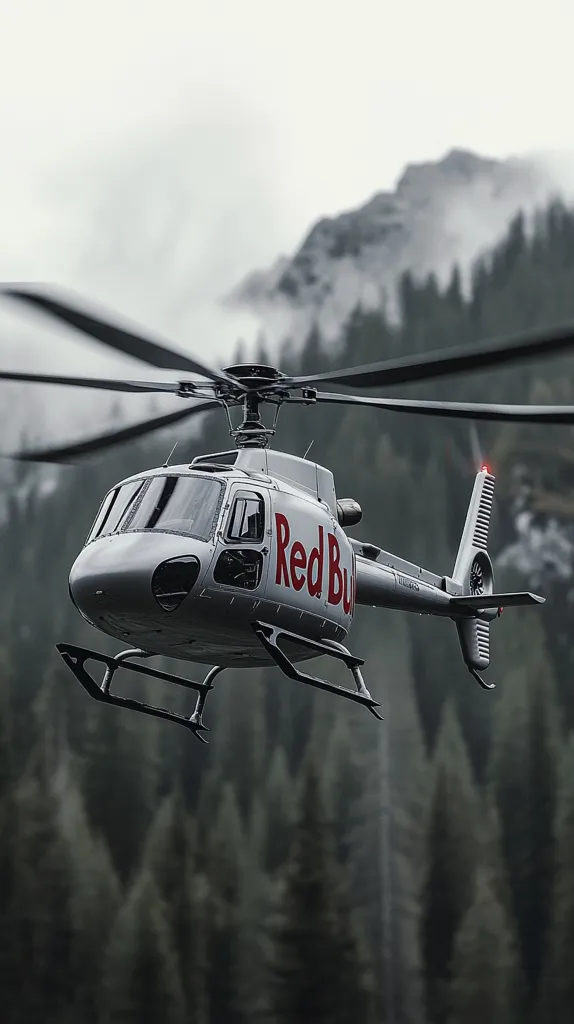 A sleek, silver Red Bull helicopter flies against a backdrop of a misty mountain range and dark evergreen forest.  The helicopter is in sharp focus, showcasing its modern design and the prominent Red Bull logo. The atmospheric conditions create a sense of depth and mystery, contrasting the helicopter's technological precision. The image evokes a feeling of adventure and high-altitude exploration.