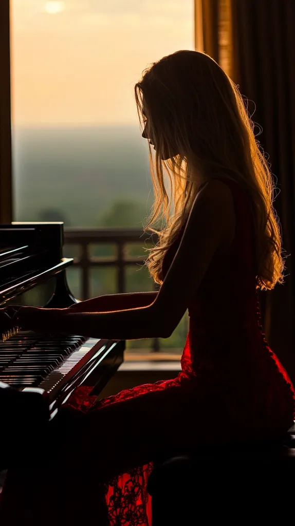 Silhouetted against a sunset, a woman with long flowing hair sits at a grand piano.  She wears a red dress, its intricate lace barely visible in the dim light.  The warm glow of the setting sun illuminates her from behind, casting her profile and the piano keys in stark contrast. The serene atmosphere suggests a moment of peaceful musical contemplation.