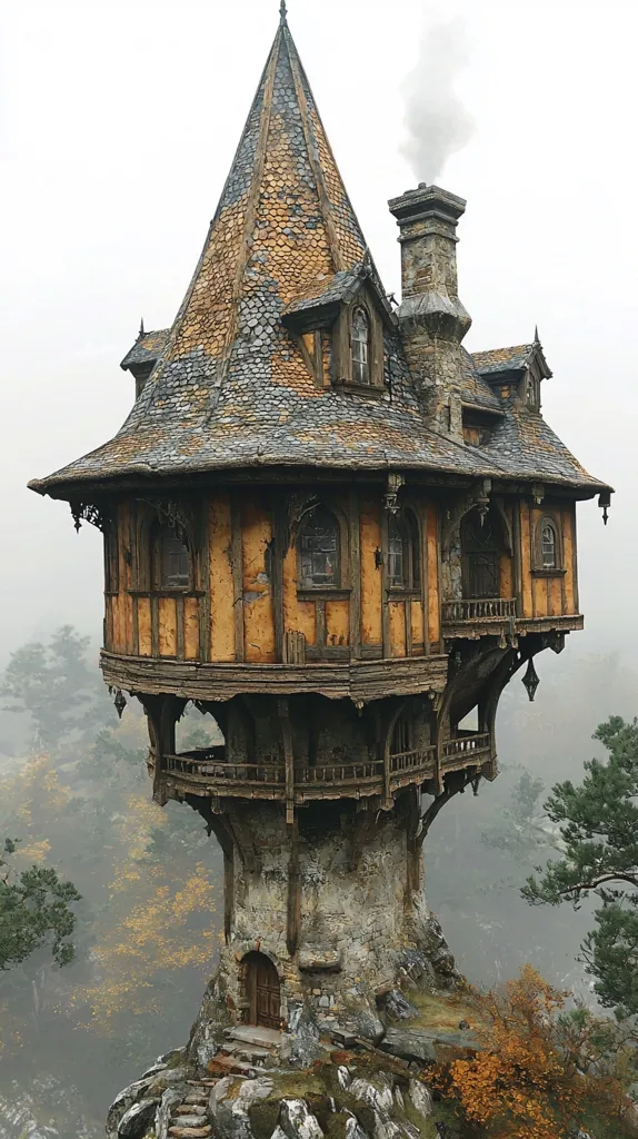 A whimsical, fairytale-like house perched atop a rocky outcrop.  Its conical roof and timber frame construction evoke a medieval aesthetic.  Smoke curls from a stone chimney, adding to its enchanting atmosphere.  The house is surrounded by a misty forest, creating a secluded and magical setting.  A small stone staircase leads to the entrance, nestled in the base of the structure.