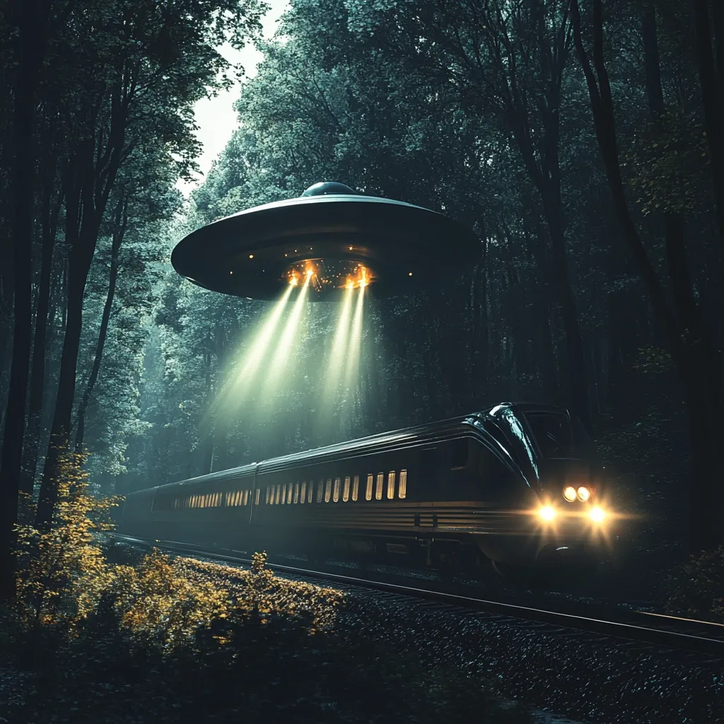 A dark, mysterious scene unfolds in a dense forest. A sleek, black passenger train travels along a railway, illuminated by its headlights. Above, a classic flying saucer hovers, casting beams of light down upon the train. The overall atmosphere is eerie and suspenseful, hinting at a potential extraterrestrial encounter. The deep shadows and muted colors enhance the mystical mood.