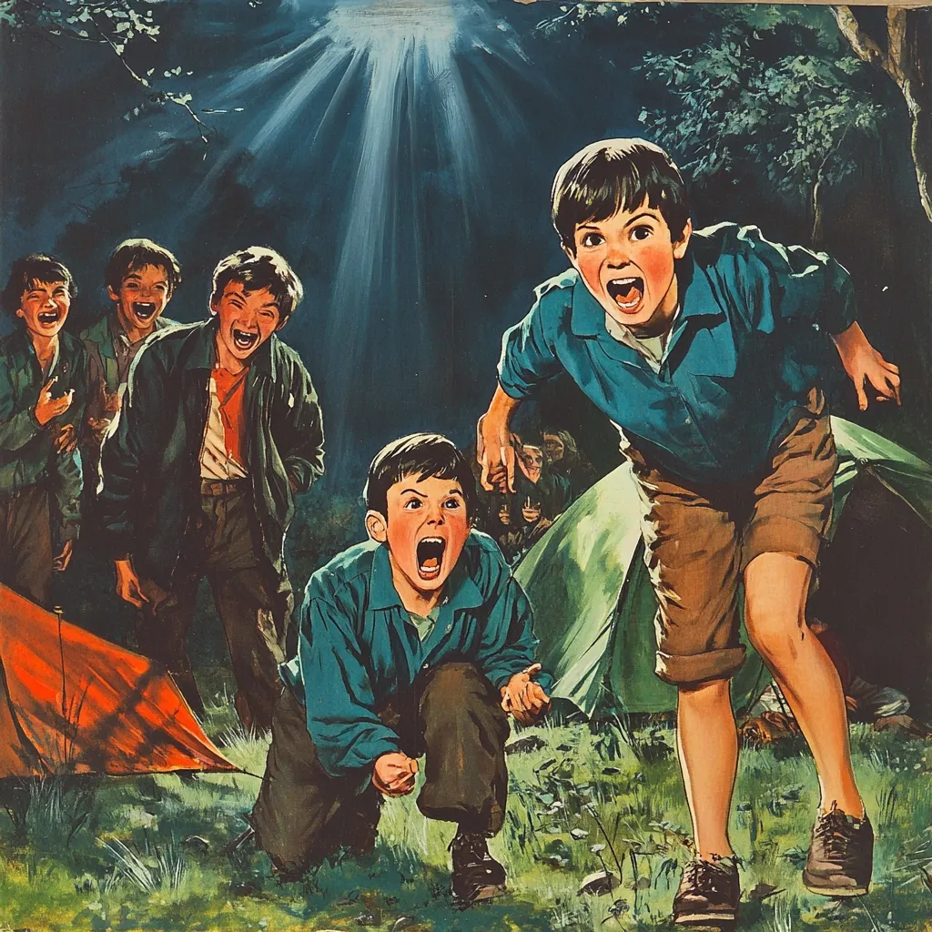 A group of boys are camping in a forest at night.  A bright light shines down from above, causing them to scream in fear and surprise.  They are huddled near their tents, illuminated by the mysterious light.  The scene is depicted in a vibrant, illustrative style, evoking a sense of wonder and alarm.  The boys' expressions and postures convey a feeling of shared fright.