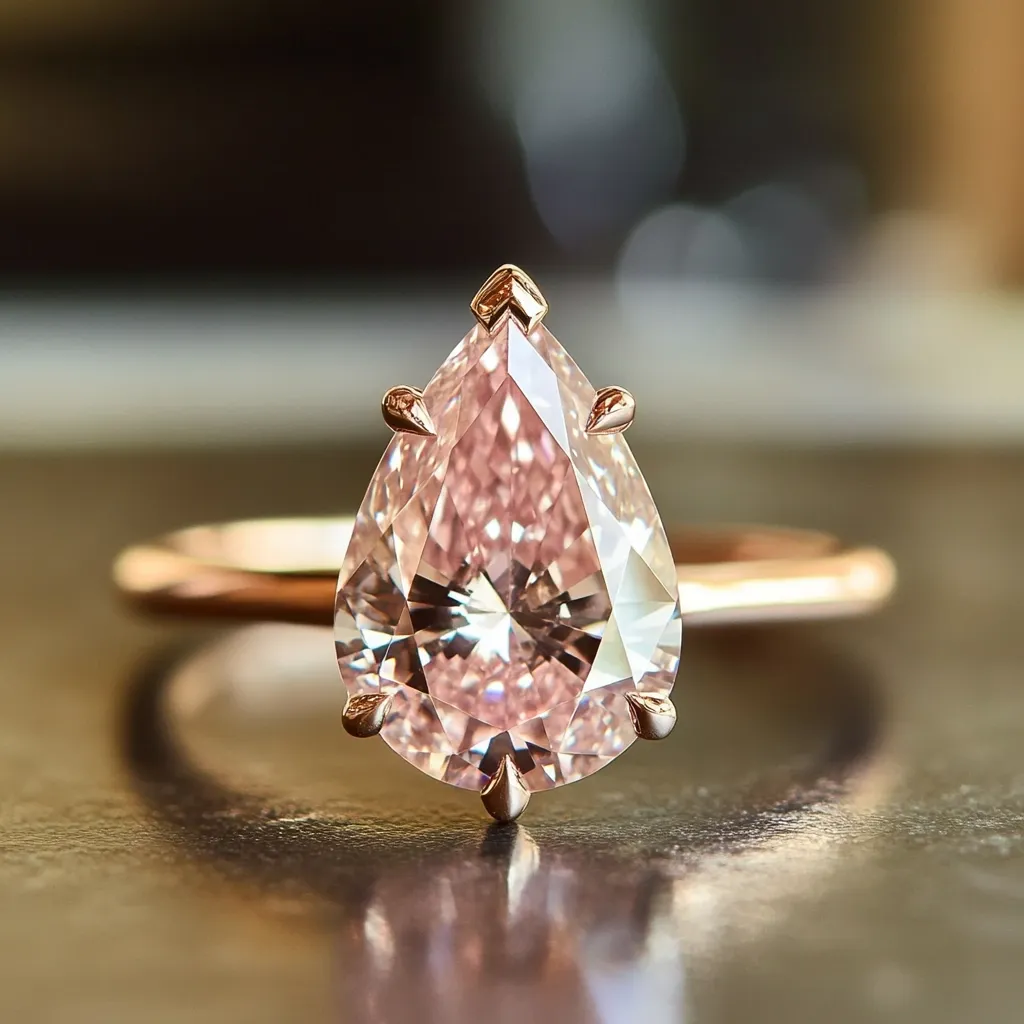 A stunning pear-shaped pink diamond engagement ring is showcased.  The rose gold band complements the delicate pink hue of the large, brilliantly cut gemstone.  Four prongs secure the diamond, highlighting its exquisite facets. The ring rests on a dark surface, reflecting its beauty.