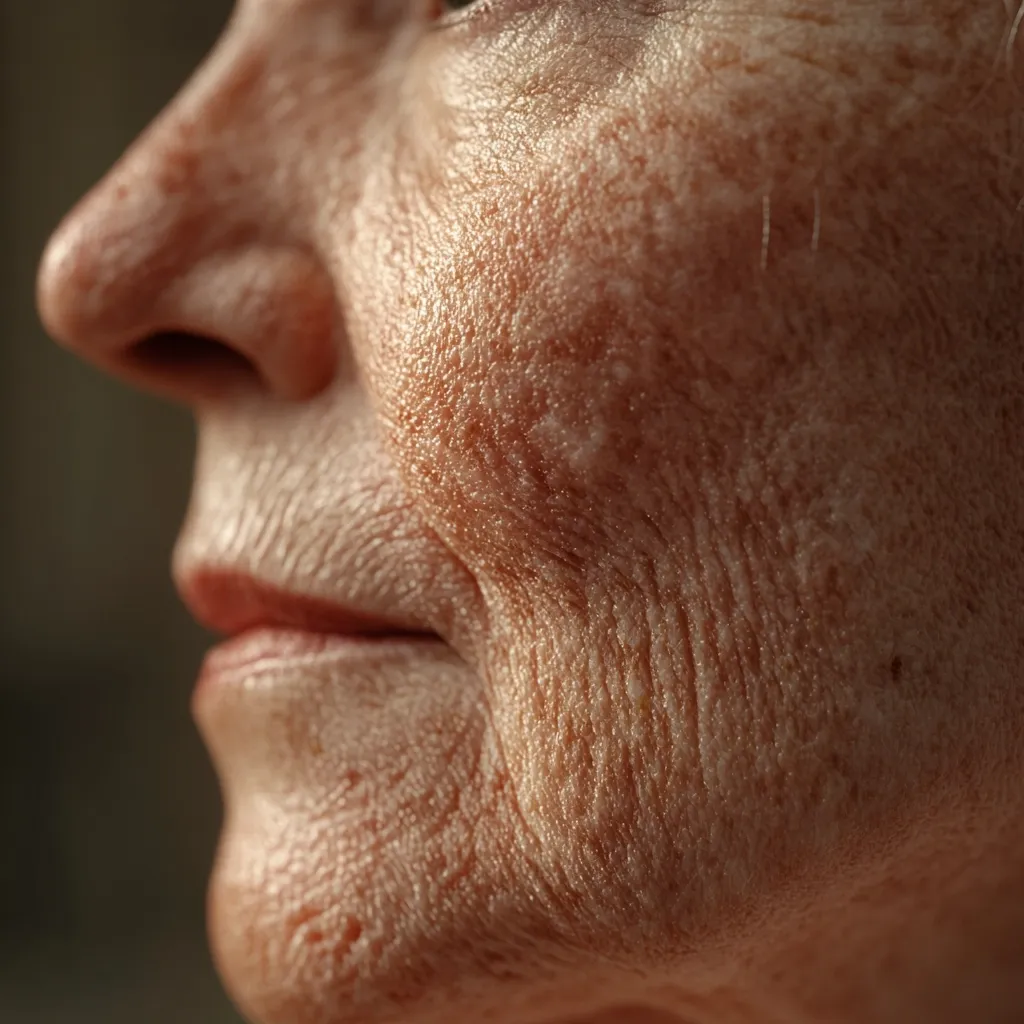A close-up profile view of an elderly woman's face reveals deeply etched wrinkles and age spots.  The skin texture is noticeably rough and shows the effects of time and sun exposure. The image focuses on the details of aging skin, highlighting the natural process of aging.  The lighting emphasizes the depth and texture of the wrinkles.