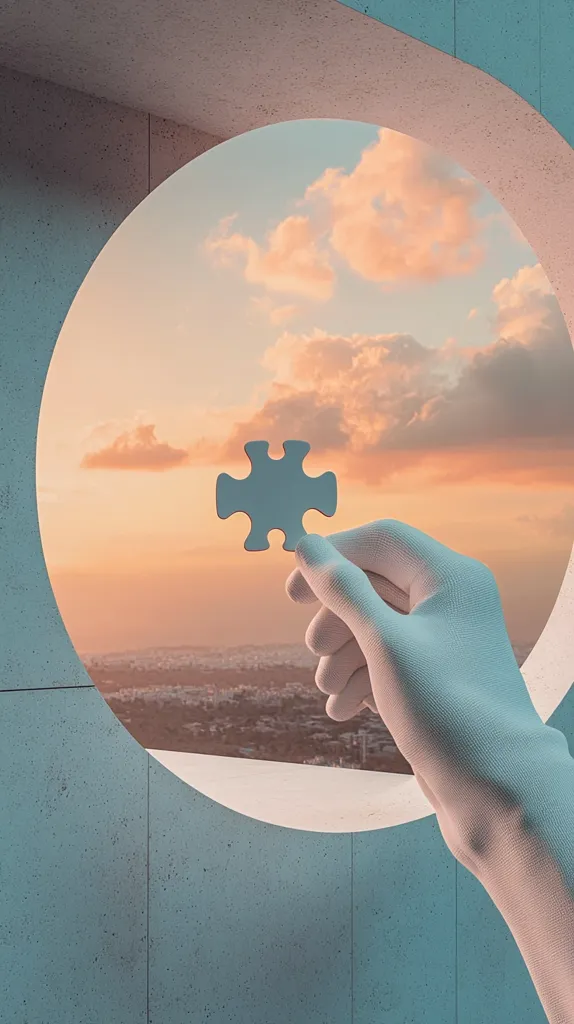 A hand, appearing sculpted or artificial, holds a single light-blue jigsaw piece.  The hand is positioned at a circular window overlooking a picturesque sunset over a city.  The scene is serene and pastel-toned, suggesting a concept of completion, connection, or finding a missing piece. The architectural setting is minimalist and modern.