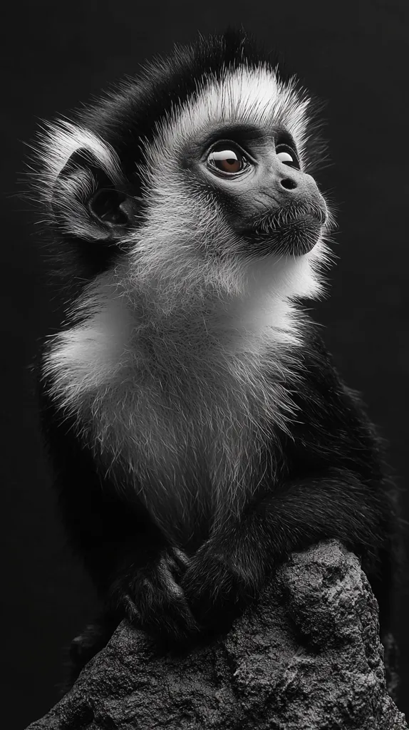 A black and white close-up photograph shows a young monkey, possibly a Zénéb monkey, sitting on a dark rock against a black background.  Its fur is predominantly black with distinctive white markings on its face and ears. The monkey's large, expressive eyes gaze upward.  The image's high contrast and monochrome palette emphasize the monkey's texture and features.