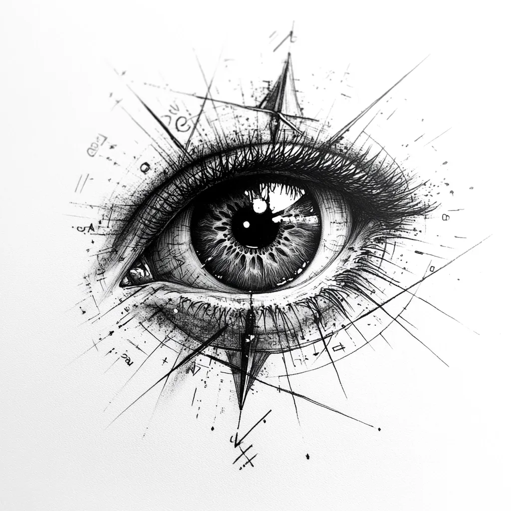 A detailed black and white drawing of a human eye, intricately rendered with shading and fine lines.  The eye is centrally positioned and surrounded by a complex geometric design resembling a compass rose, radiating outwards with intersecting lines and markings. The style suggests a blend of realism and geometric abstraction, creating a visually striking and symbolic image.  The overall effect is one of depth and precision.