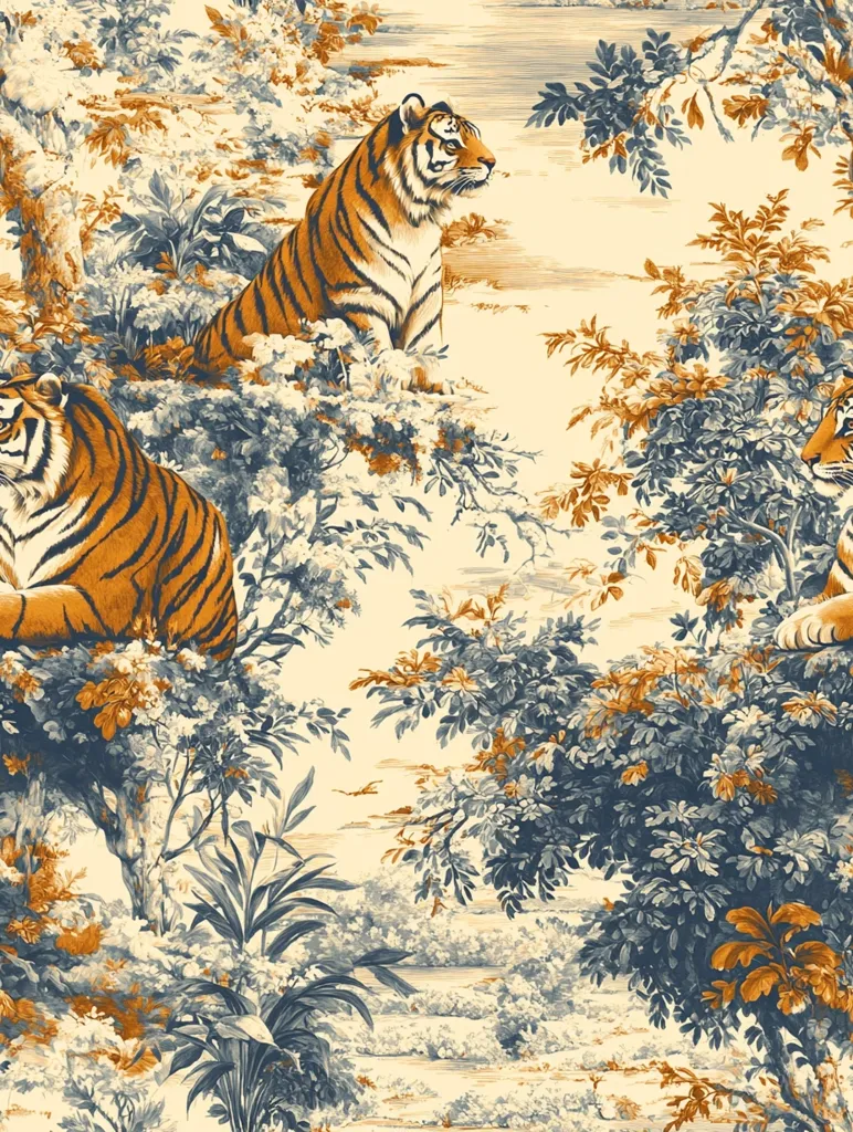 A cream-colored background showcases a lush jungle scene with three majestic tigers.  Two tigers are perched amidst the foliage, while one sits prominently in the center. The tigers are depicted in shades of orange and brown, contrasting with the bluish-grey and muted gold tones of the detailed botanical illustration. The scene evokes a sense of tranquility and natural beauty.