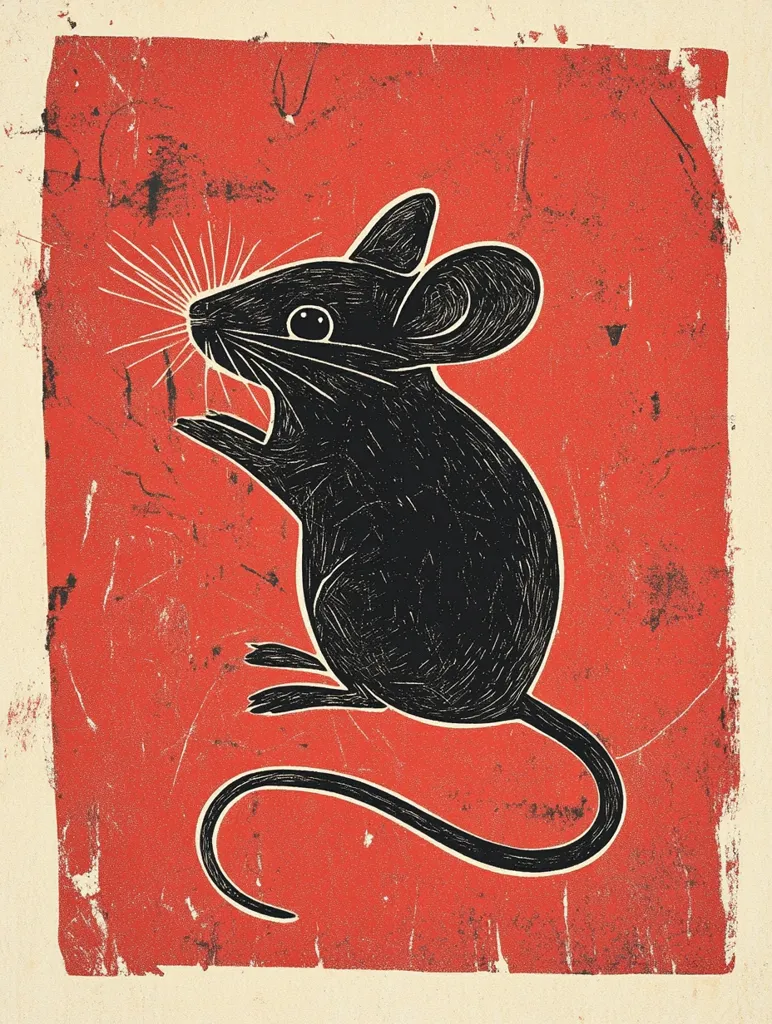 A linocut print depicts a black mouse against a textured red background.  The mouse is rendered in a simple, slightly stylized manner, with visible lines suggesting fur. Its pose is alert and slightly anthropomorphic. The red background has a distressed, vintage feel, adding to the artwork's overall aesthetic.  The image is framed by a cream-colored border.