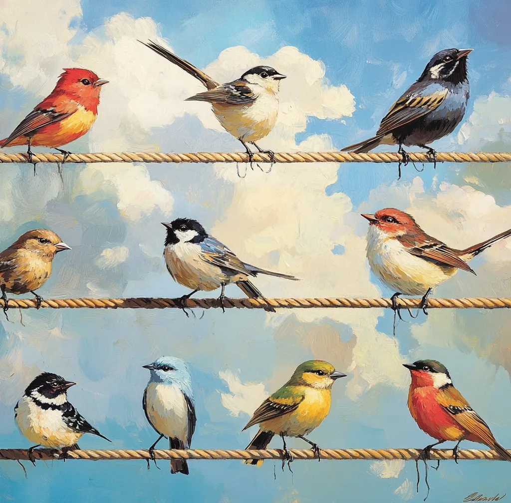 A vibrant painting depicts a row of colorful birds perched on three parallel ropes against a light blue sky with fluffy white clouds.  The birds, each distinct in plumage, include reds, yellows, blues, and browns. The scene is peaceful and idyllic, showcasing the beauty of various avian species. The artist's style is painterly, with visible brushstrokes adding texture and depth.