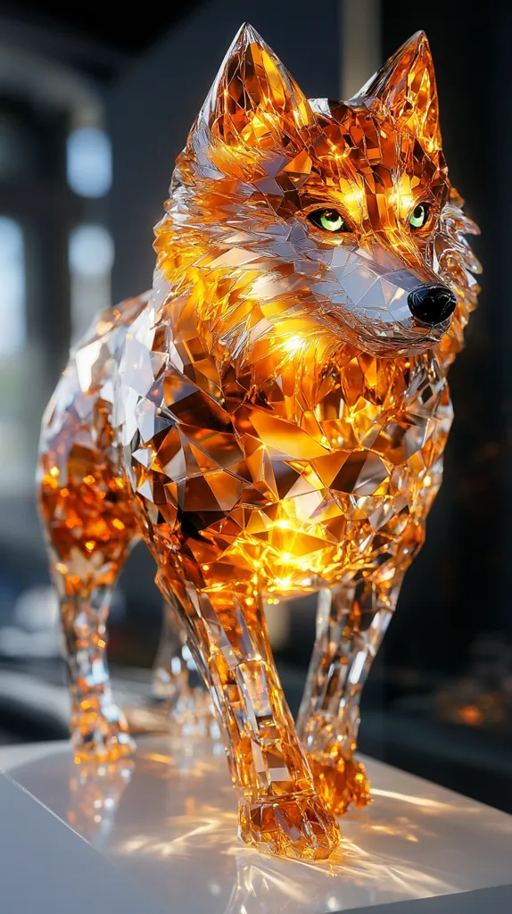 A stunning amber crystal wolf sculpture stands on a white base.  Its facets catch the light, creating a warm, glowing effect.  The wolf is depicted in a poised stance, its detailed features meticulously crafted. The intricate design showcases the artistry of the piece, transforming the animal into a mesmerizing work of art.  Internal lighting enhances the amber hue and crystalline structure.