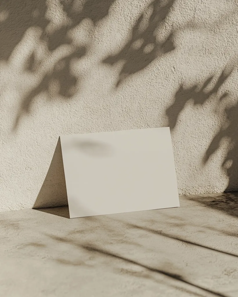 A blank, off-white card stands upright against a textured beige wall.  The wall is dappled with the shadows of leaves, creating a natural, minimalist scene.  The card's simple design provides a clean contrast to the organic shadows. The floor is a matching light beige tone.  The overall aesthetic is serene and subtly elegant.