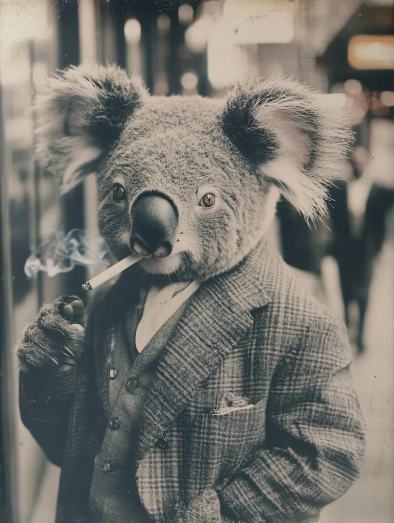 A koala, dressed in a vintage tweed suit and vest, nonchalantly holds a cigarette between its paws.  The sepia-toned image evokes a sense of old-fashioned sophistication, contrasting the animal's furry face with the tailored clothing.  Smoke curls from the cigarette, adding to the moody atmosphere of the urban backdrop. The koala's expression is calm and almost pensive.