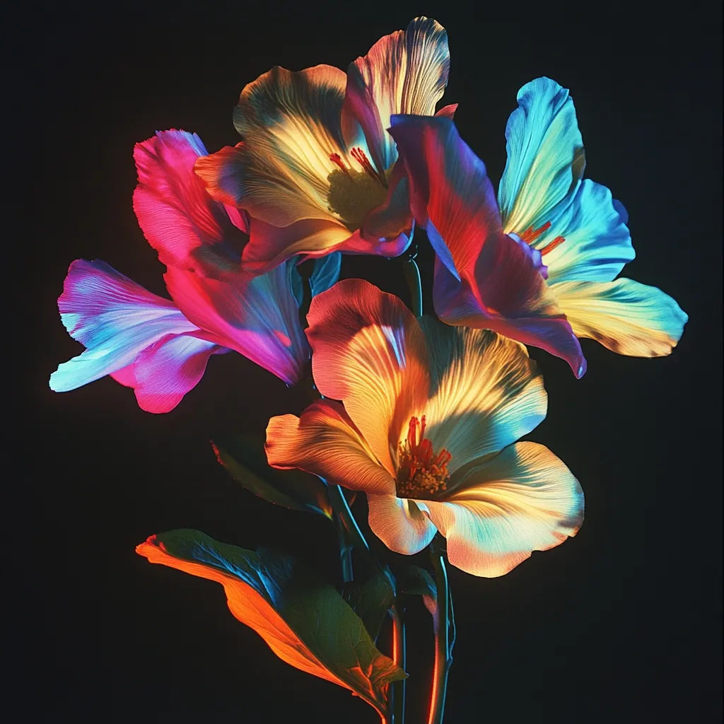 Vibrant, iridescent flowers bloom against a stark black background.  The blossoms, possibly hibiscus, display a spectrum of colors including teal, pink, orange, and yellow.  The dramatic lighting emphasizes the delicate petals and textures, creating a surreal and captivating image.  The dark setting isolates the flowers, highlighting their intense hues.