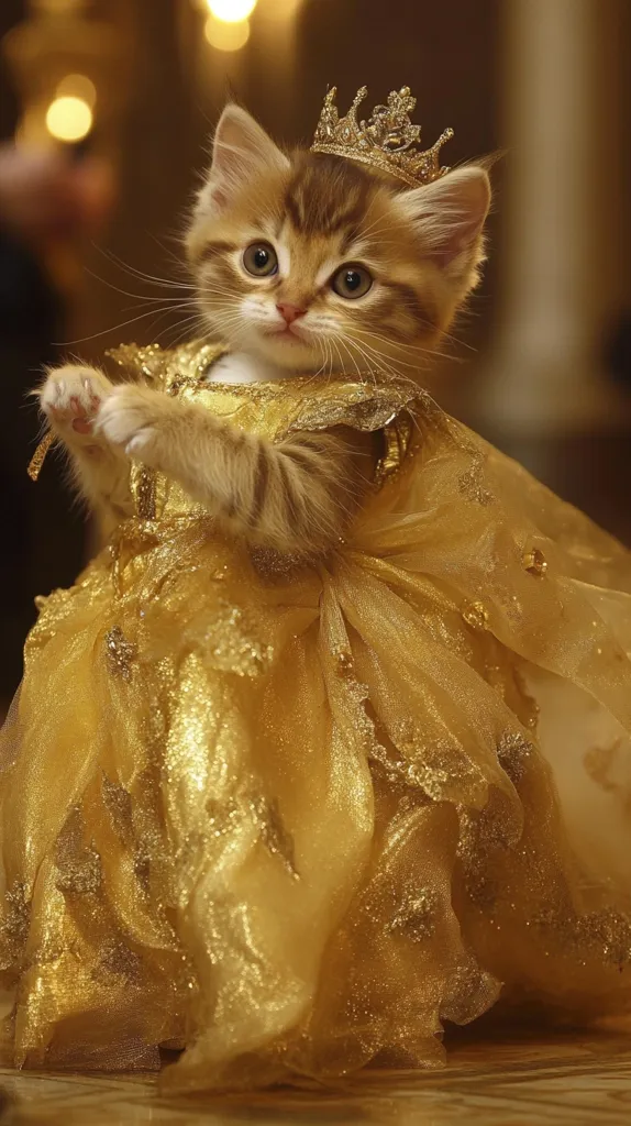 A fluffy brown tabby kitten is dressed in a shimmering gold gown and a tiny gold crown.  The kitten sits regally, paws delicately posed,  looking directly at the viewer.  The golden outfit is ornate and flows elegantly around the kitten, creating a regal and charming image.