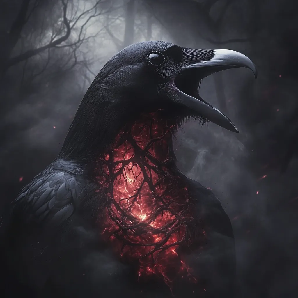 A dark, ominous raven is depicted in a digital artwork. Its body is partially translucent, revealing a fiery, glowing inner structure resembling burning veins and roots.  The raven's beak is open in a silent scream against a backdrop of a shadowy, misty forest. The overall mood is dark, mysterious, and surreal.