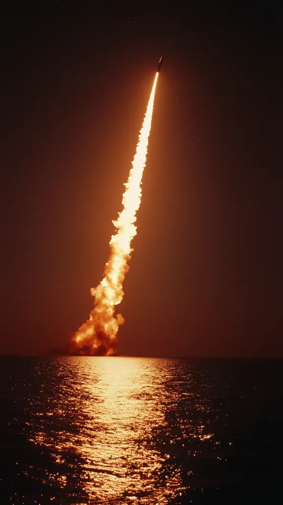 A rocket launches at night over a calm body of water.  The fiery trail illuminates the dark sky and reflects on the ocean's surface, creating a dramatic and glowing spectacle. The rocket is small against the vastness of the night sky and the expanse of the sea.  The overall effect is one of power and awe.