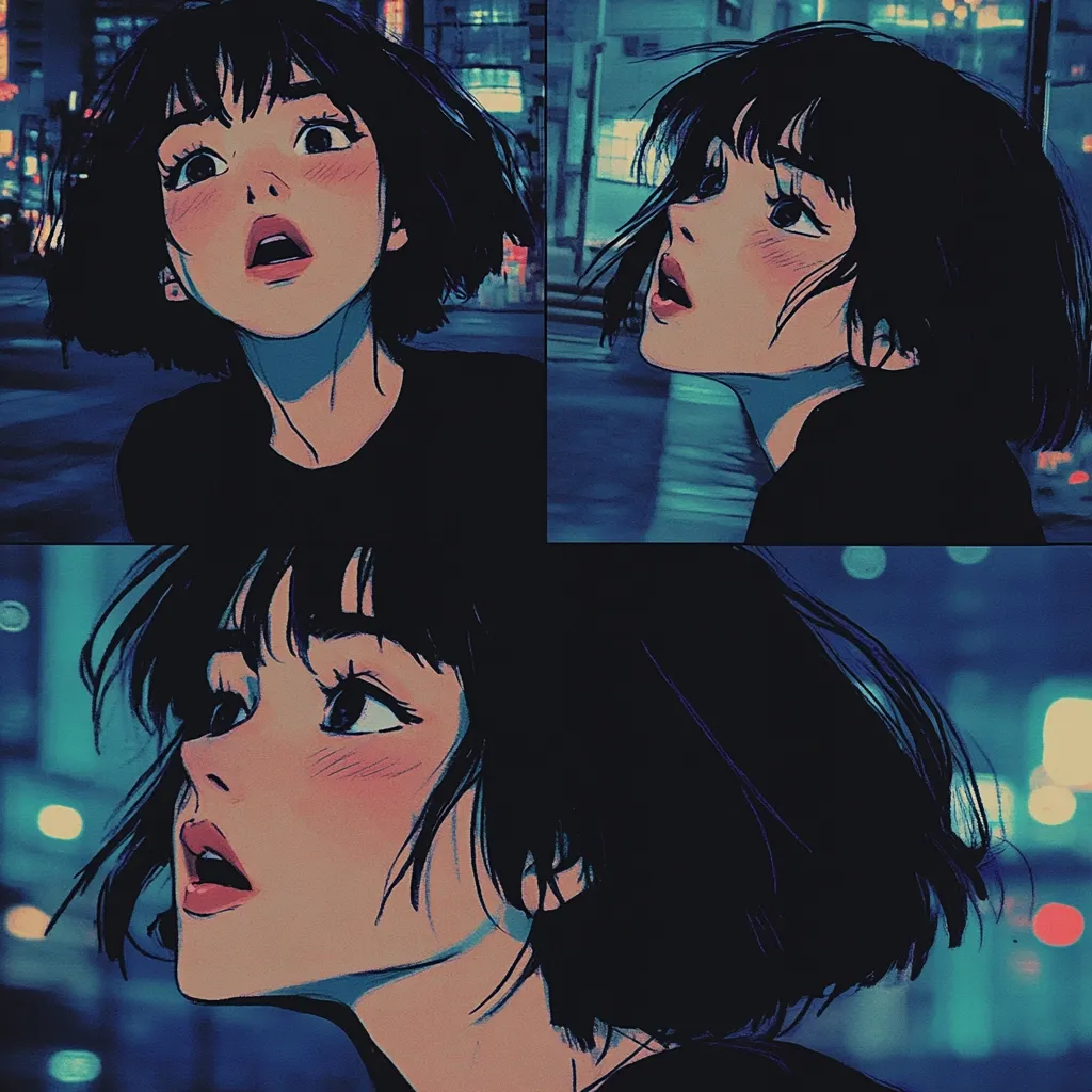 A stylized image showcases a young woman with short, dark hair, depicted in a collage of three slightly different perspectives.  Her expression is one of wonder or surprise, her mouth slightly open.  The backdrop suggests a nighttime city scene, with blurred lights creating a moody atmosphere.  The art style is reminiscent of anime or manga, with soft shading and expressive eyes.