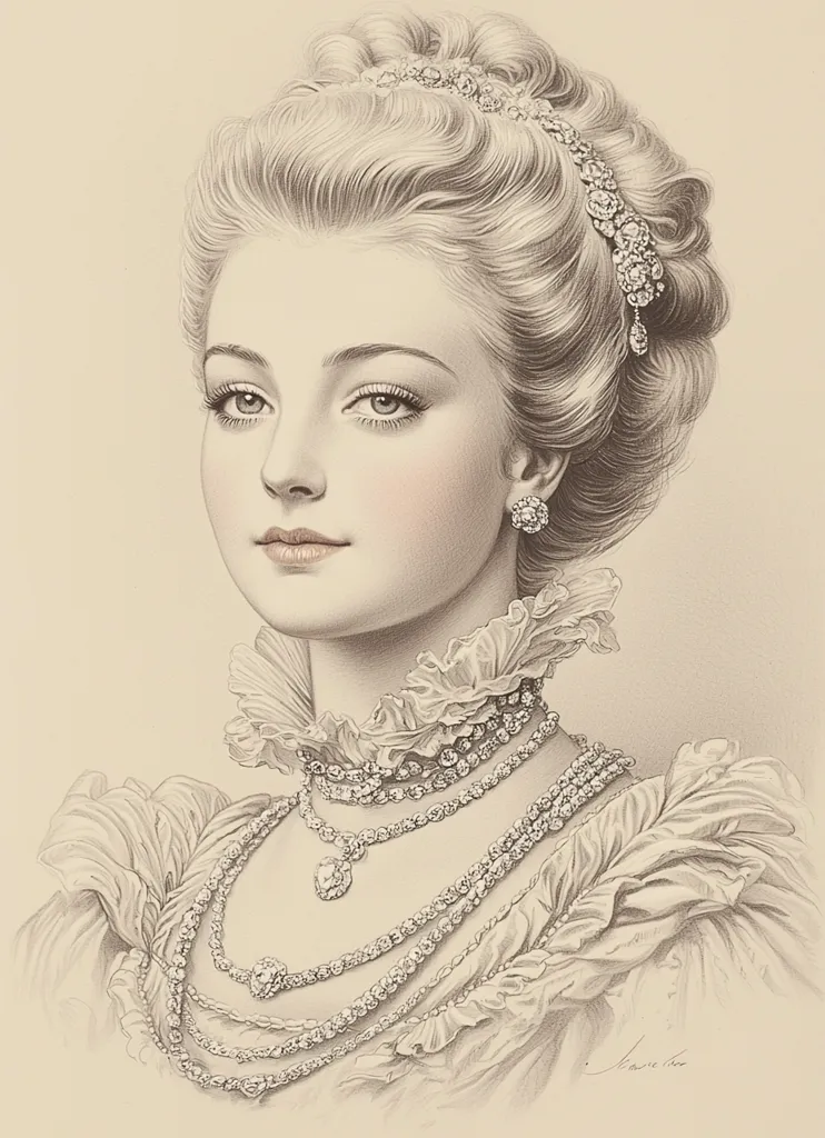 A meticulously detailed pencil sketch portrays a woman in an elaborate, ruffled gown.  Her hair is styled in an elegant updo adorned with a jeweled headband.  She wears numerous sparkling necklaces and earrings, enhancing her regal appearance.  The artist's skill is evident in the subtle shading and rendering of textures, creating a realistic and graceful portrait.