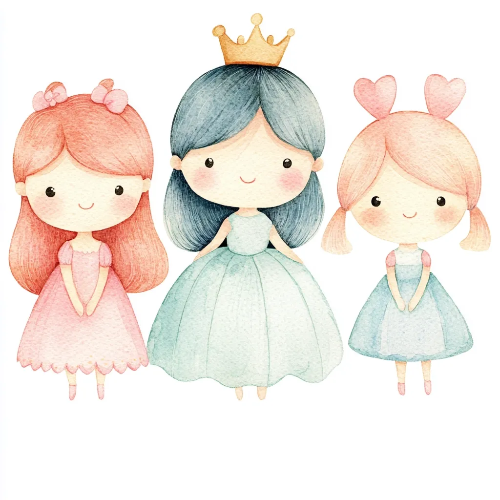 Three adorable watercolor girls stand side-by-side.  The center girl wears a teal dress and a gold crown.  On either side are girls in pink and light blue dresses, their hair styled with bows and heart-shaped hair clips.  Their sweet expressions and pastel colors create a charming and whimsical scene.