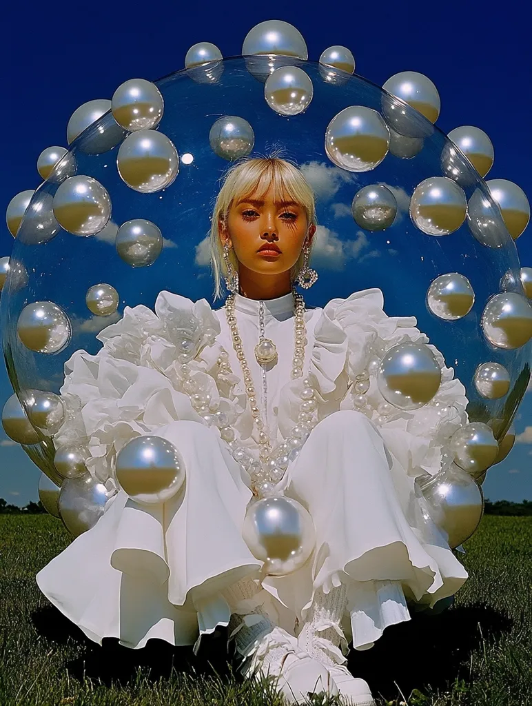 A young woman with blonde bangs sits inside a large transparent sphere adorned with numerous iridescent orbs. She wears a flowing white ruffled dress and a long pearl necklace, her serene expression contrasting with the fantastical setting. The sphere rests on a grassy field under a bright blue sky. The overall image is surreal and dreamlike, showcasing a blend of fashion and fantasy.