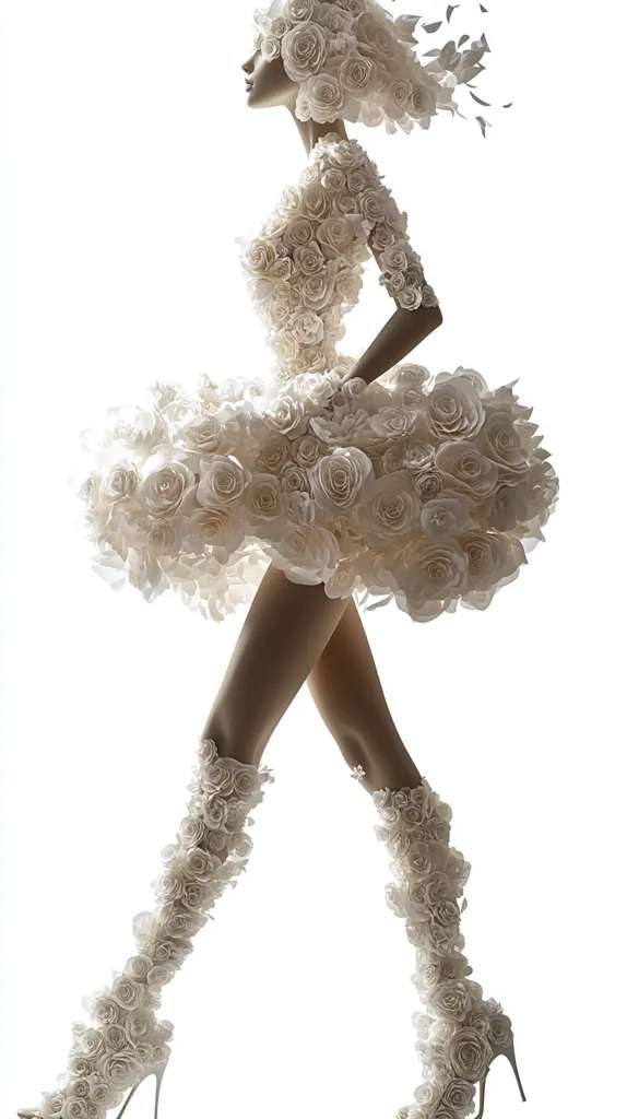 A mannequin is shown wearing a stunning, flowing dress and boots entirely crafted from delicate, off-white roses. The dress, a short, voluminous design, cascades around the figure.  Matching rose boots extend to the knee.  The overall effect is one of ethereal elegance and whimsical sophistication. The background is a stark white, highlighting the intricate floral detail.