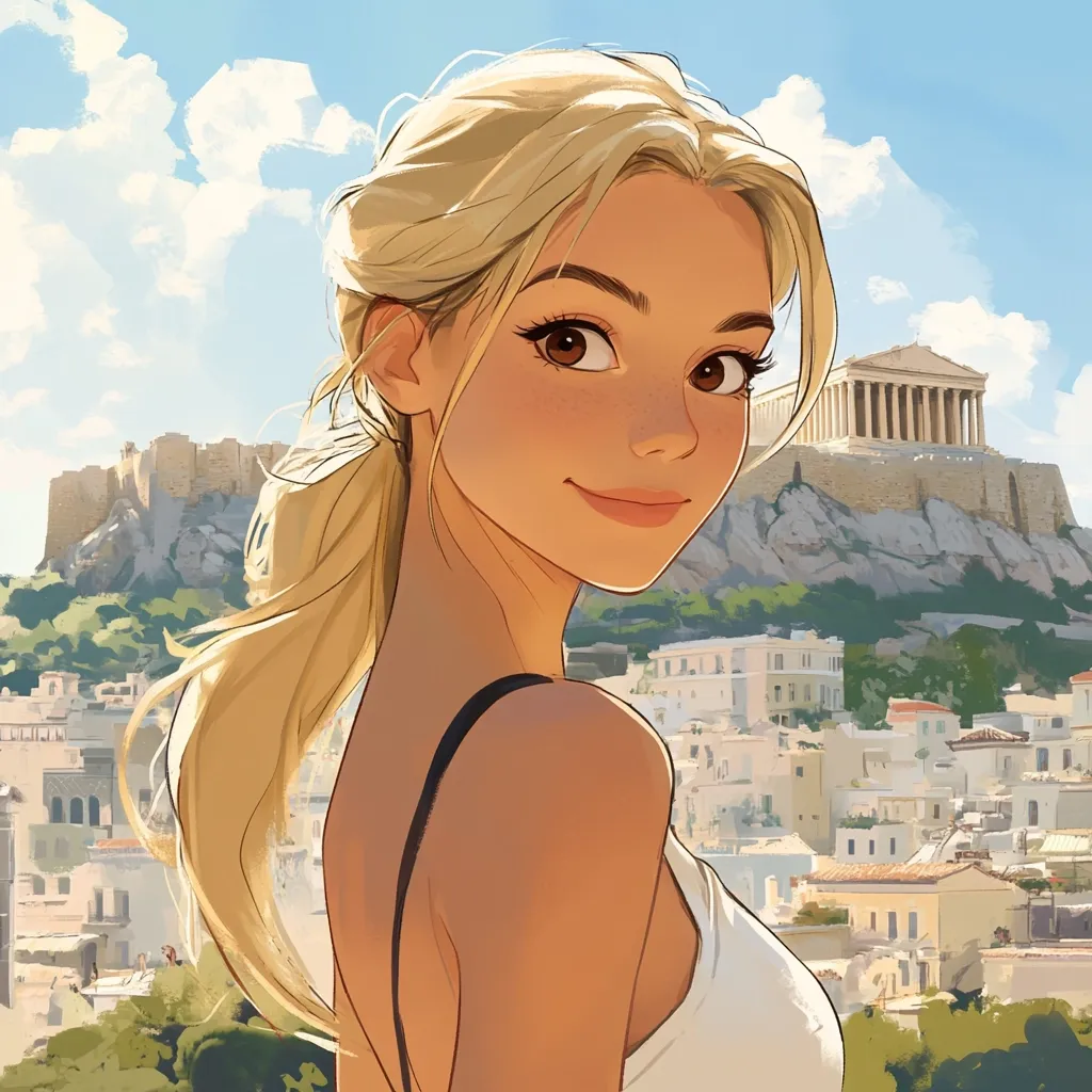 A stylized illustration depicts a young woman with blonde hair in a ponytail,  looking over her shoulder with a gentle smile. She's tan-skinned and features light freckles.  The backdrop is a picturesque view of Athens, Greece, with the Acropolis prominently featured.  The art style is soft and dreamy, with warm sunlight illuminating the scene.