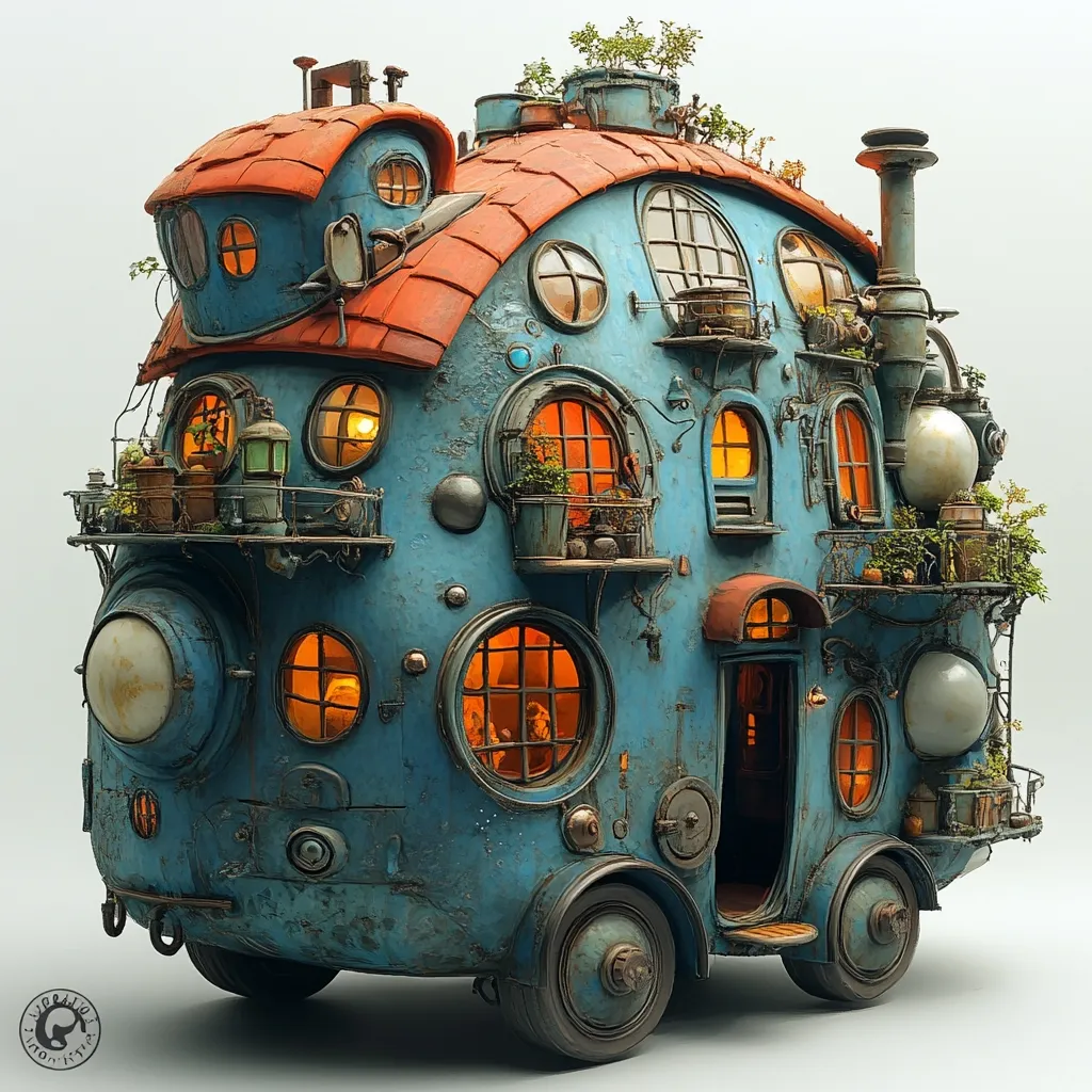 A whimsical, blue, steampunk-inspired house on wheels is depicted.  Its rounded form is studded with porthole windows, balconies adorned with potted plants, and intricate mechanical details.  Warm interior lights glow through the numerous circular windows.  The roof is a rusty orange, adding to the aged, fantastical aesthetic. The overall impression is one of charming, handcrafted artistry.
