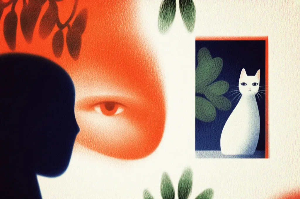 An abstract illustration features a stylized eye and face partially obscured by shadow, juxtaposed with a framed image of a white cat sitting serenely against a dark background.  Green foliage elements are scattered throughout the piece, creating a dreamlike and slightly surreal atmosphere.  The contrasting colors and styles suggest a narrative of observation or introspection.