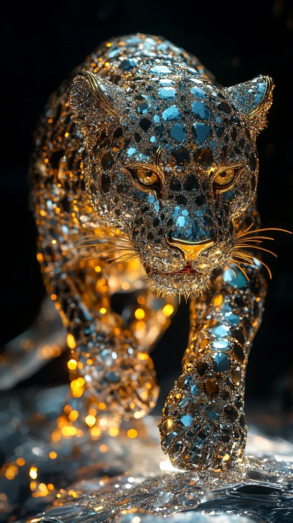 A stunning digital rendering depicts a jaguar crafted from shimmering gold and blue gemstones.  The big cat's coat is meticulously detailed, each facet reflecting light. Its eyes glow with intensity as it strides forward, seemingly emerging from a pool of liquid gold. The overall effect is one of opulence and power, a majestic creature transformed into a dazzling work of art.