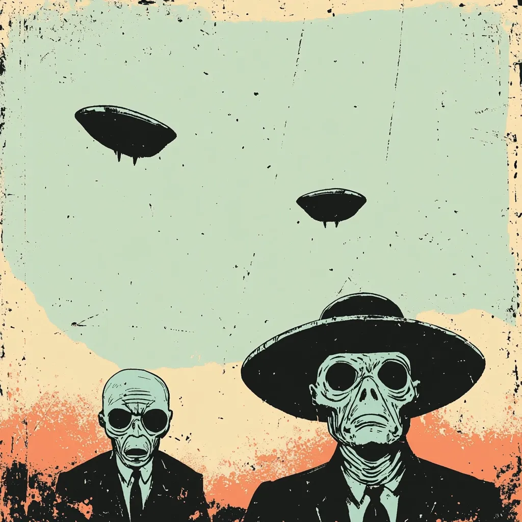 A retro-styled illustration depicts two pale, gaunt aliens in suits, one wearing a wide-brimmed hat.  Above them, three flying saucers hover in a pale green sky against a textured, vintage-style background.  The overall aesthetic is reminiscent of classic science fiction artwork, suggesting a clandestine alien encounter.
