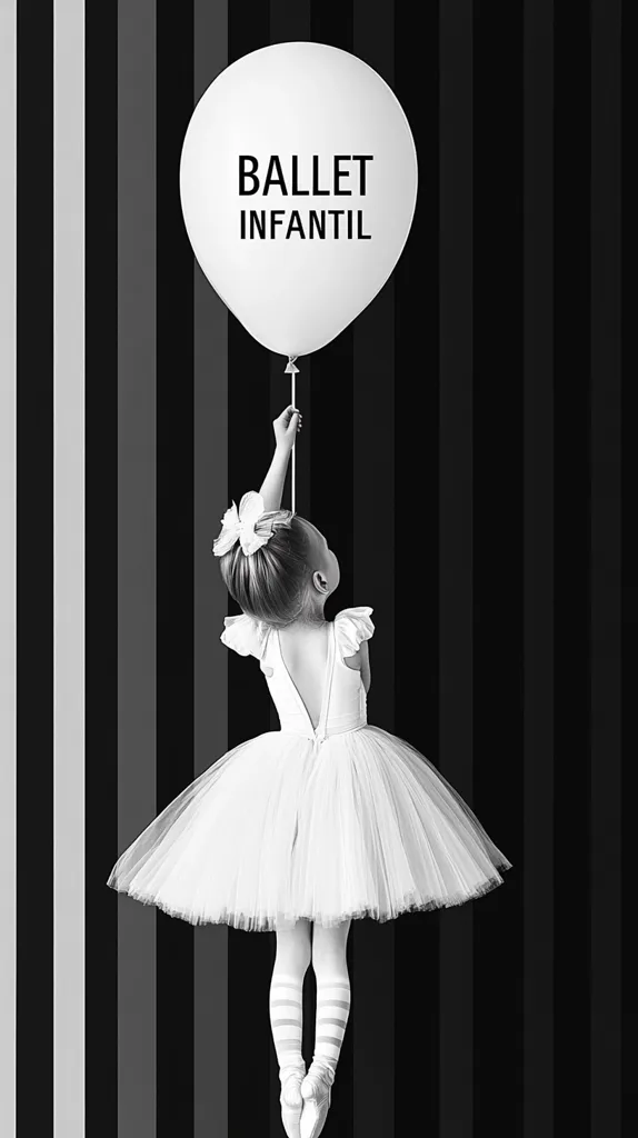 A young ballerina, in a white tutu and pointe shoes, reaches up to hold a white balloon.  The balloon is inscribed with "Ballet Infantil" in elegant lettering. The scene is set against a backdrop of bold black and white vertical stripes, creating a striking monochrome image. The overall mood is one of childhood dreams and aspirations.