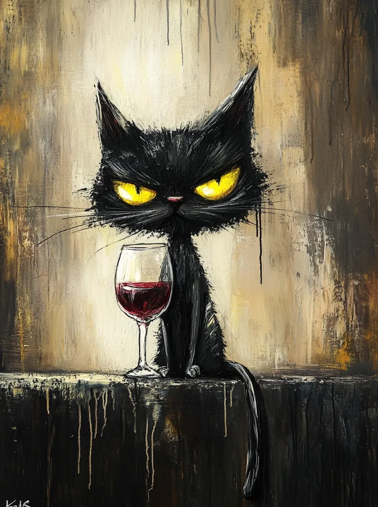 A painting depicts a black cat with intense yellow eyes sitting next to a glass of red wine on a dark surface.  The cat's expression is grumpy and slightly mischievous. The artistic style is expressive, with visible brushstrokes and a textured background in muted earth tones. The overall mood is dark, humorous, and slightly cynical.