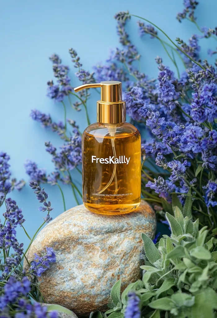 A bottle of FresKally amber-colored liquid soap with a gold pump sits on a textured rock.  Surrounding the bottle are sprigs of vibrant purple lavender and green sage, creating a calming, natural aesthetic against a soft blue background. The image evokes a sense of serenity and natural beauty.