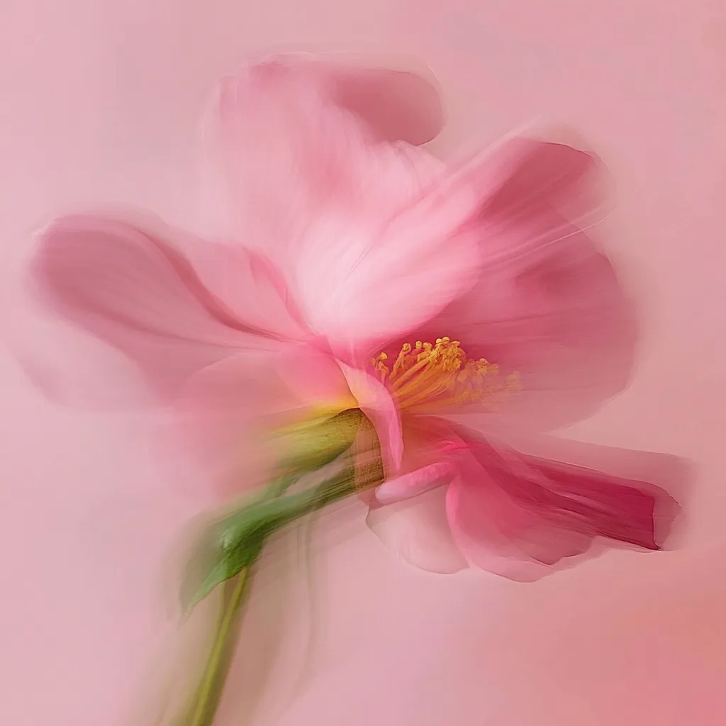 A dreamy, soft-focus image showcases a delicate pink flower, possibly a peony or camellia.  Its petals are blurred, creating a sense of movement and ethereal beauty. The flower's stem is visible, extending towards the bottom of the frame against a pale pink background.  The overall impression is one of gentle romance and subtle elegance.