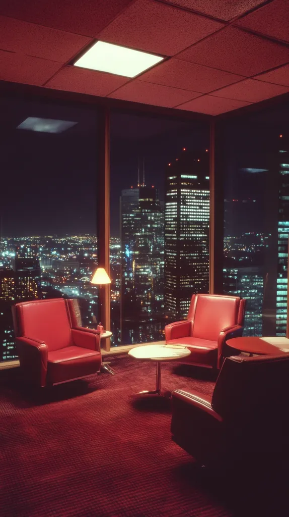 A luxurious room with floor-to-ceiling windows offers a breathtaking nighttime cityscape view. Two red leather armchairs and a low circular table are positioned on a rich red carpet.  A third chair is partially visible in the foreground. The room's ceiling is paneled in dark red, creating a sophisticated and moody ambiance.  The city lights twinkle below, providing a stunning backdrop.