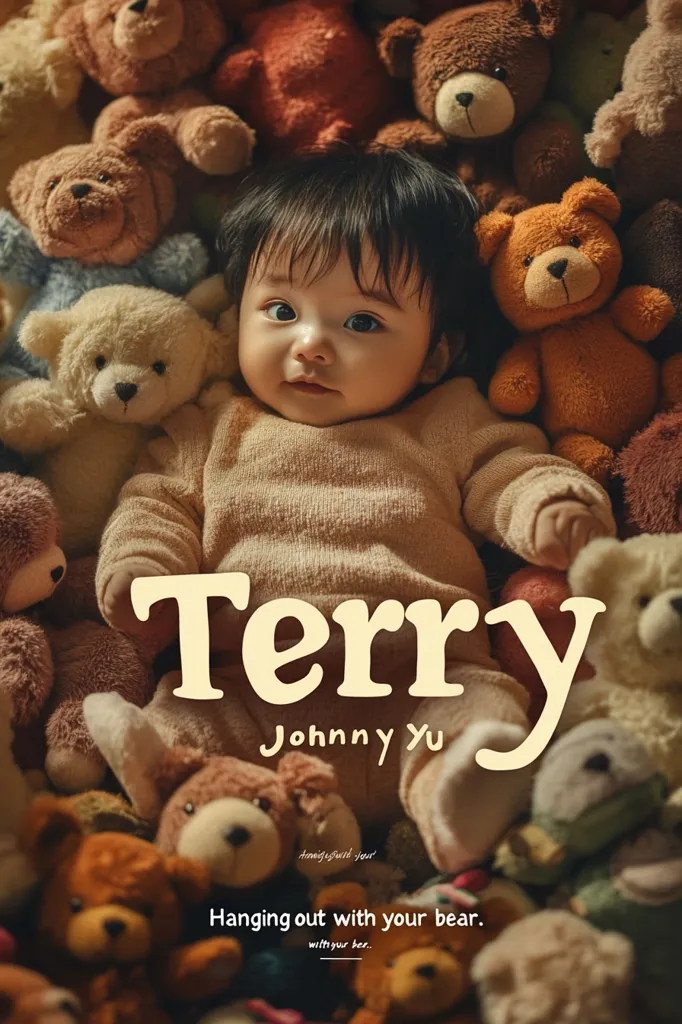 A baby named Terry, Johnny Yu, lies amidst a multitude of teddy bears.  He's dressed in a beige outfit and looks directly at the camera.  The image is warm and soft-toned, creating a cozy atmosphere.  The text "Hanging out with your bear" adds to the scene's comforting and playful nature.