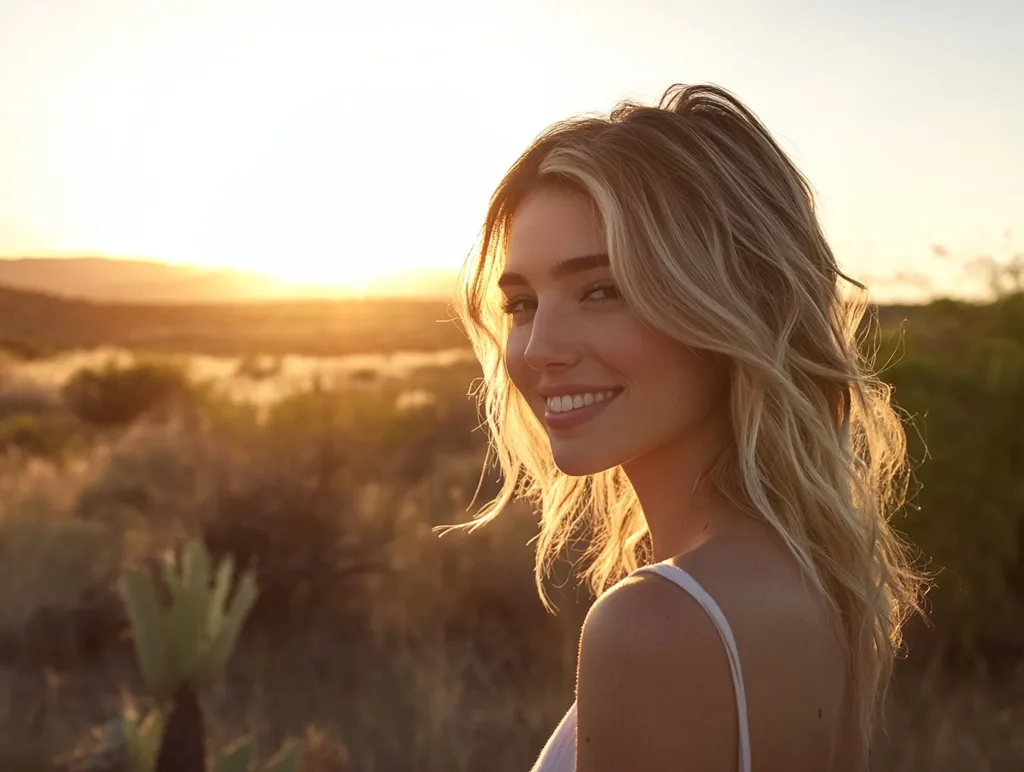 A young woman with long, blonde, wavy hair smiles over her shoulder at the sunset.  The sun bathes her in a warm golden light.  She's wearing a white tank top and stands in a dry, grassy landscape. The setting evokes a feeling of freedom and serenity.