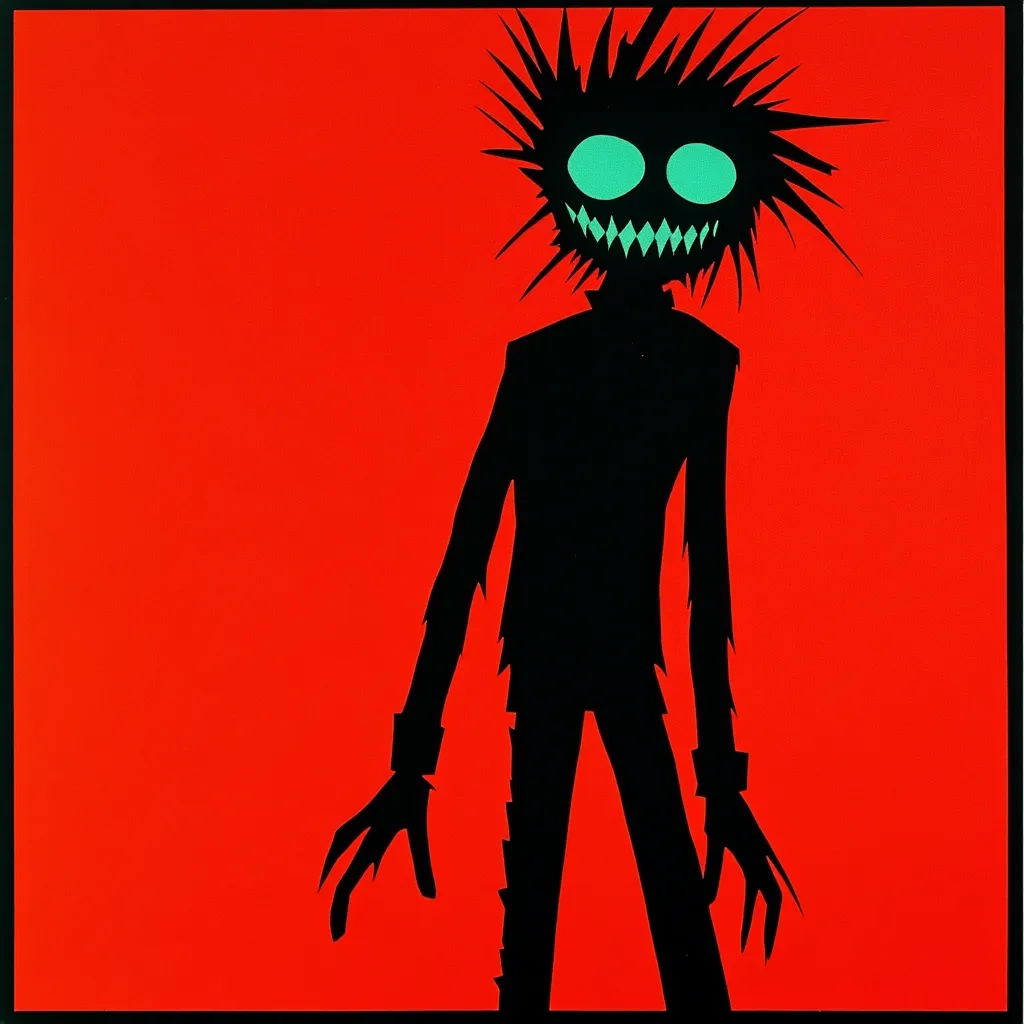 A stylized black figure with spiky hair and glowing teal eyes stands against a vibrant red background.  Its jagged silhouette suggests a creature or monster, with a wide, toothy grin. The stark contrast between the black figure and red backdrop creates a striking, almost menacing image.  The style is reminiscent of graphic design or album art.