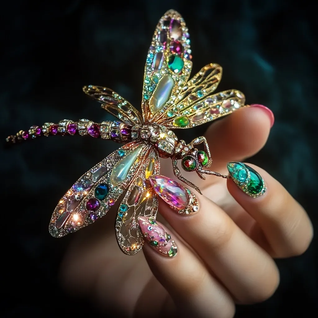 A hand adorned with intricately designed jeweled nails delicately holds a magnificent dragonfly brooch. The brooch is crafted from gold and encrusted with a vibrant array of multicolored gemstones, creating a dazzling display of color and sparkle. The contrast between the glittering brooch and the meticulously manicured nails is striking, showcasing a luxurious and artistic combination.