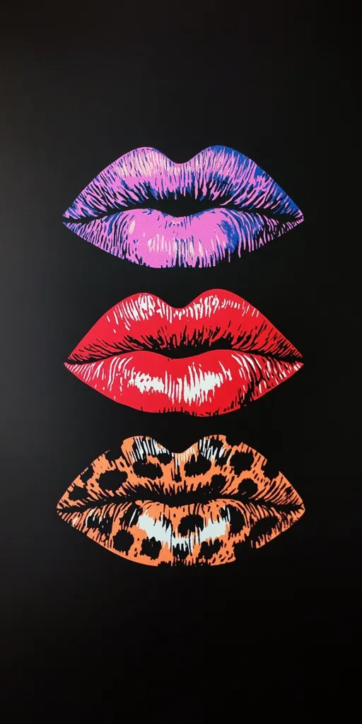 Three stylized lips are stacked vertically against a black background.  The top pair are a vibrant purple, the middle pair a bold red, and the bottom pair are patterned in orange and black to resemble a leopard print.  The graphic style is bold and slightly edgy, creating a striking visual effect.