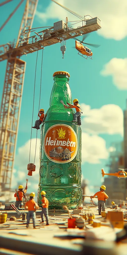 A giant Heineken bottle is under construction. Miniature workers, wearing hard hats and orange overalls, use a crane and other construction equipment to build around the bottle.  A small helicopter hovers nearby.  The scene is set against a backdrop of a construction site and a bright blue sky.  The overall impression is one of playful surrealism.