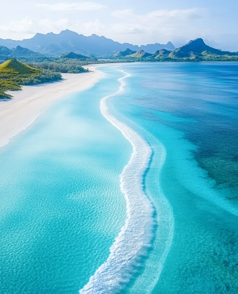 An aerial view showcases a pristine beach with crystal-clear turquoise water lapping a white sand shore.  Gentle waves create a mesmerizing pattern as they curl towards the beach. Lush green hills and mountains form a dramatic backdrop to this idyllic tropical paradise. The vibrant colors and calm scene evoke a sense of serenity and escape.