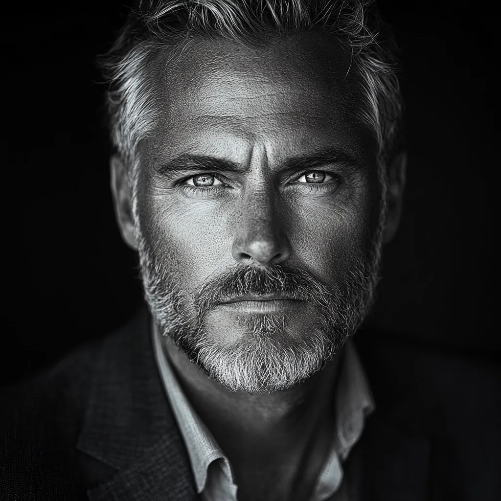 A black and white close-up portrait of a man with salt and pepper hair and a beard.  His expression is serious and intense, his eyes piercing the camera.  The lighting accentuates the texture of his skin and beard. He is wearing a collared shirt and jacket, suggesting a sophisticated and mature style. The dark background isolates him, drawing attention to his striking features.