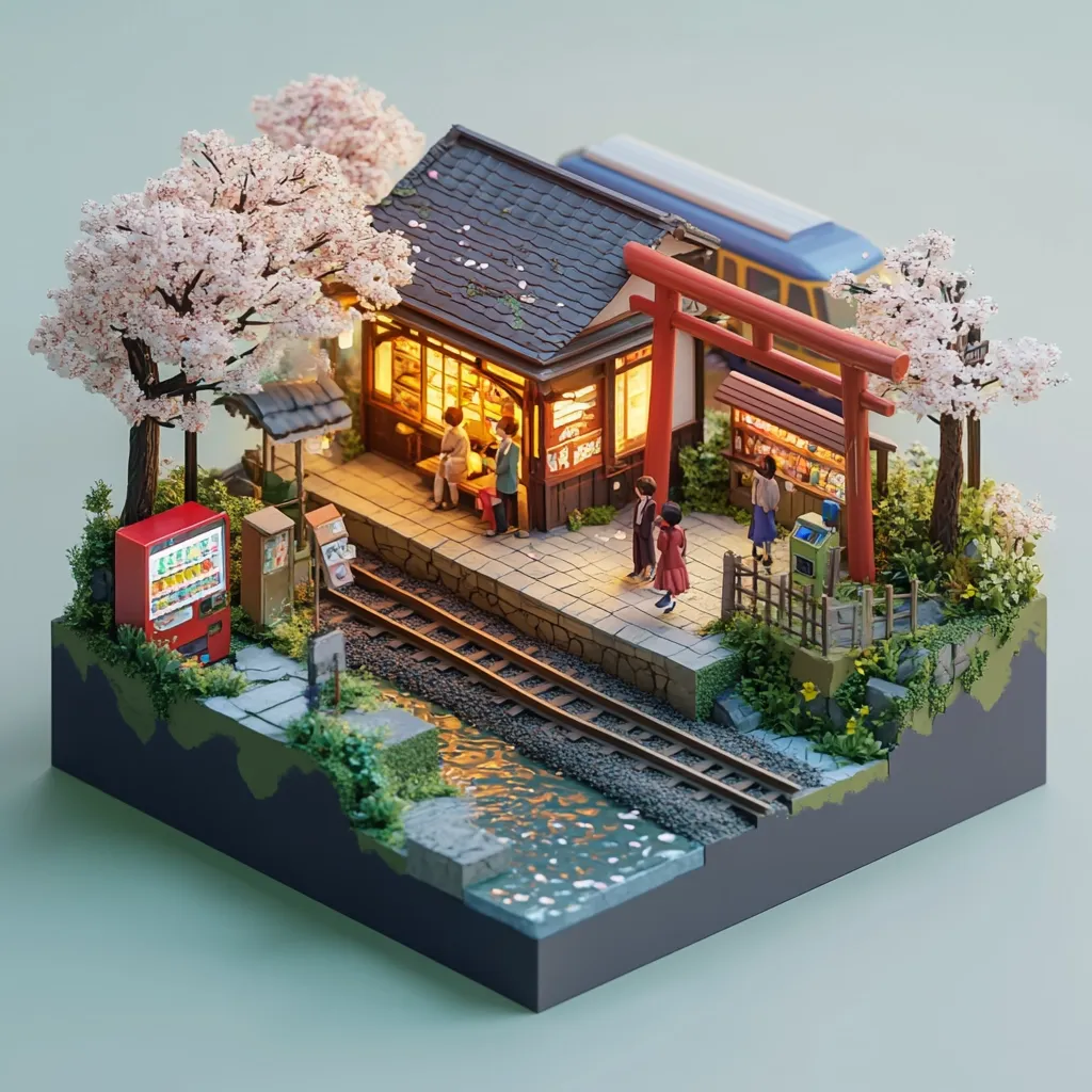 A miniature diorama depicts a serene Japanese train station nestled beside a tranquil stream.  Cherry blossom trees frame a charming shop and torii gate, illuminated from within.  Miniature figures interact near a vending machine and train tracks, creating a captivating scene of everyday life. The detailed landscaping and small scale create a visually stunning and peaceful atmosphere.