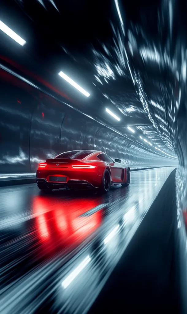 A red sports car speeds through a futuristic, dimly lit tunnel.  The sleek vehicle's taillights blaze as it leaves a vibrant red streak on the wet pavement.  Bright white lights line the tunnel walls, creating a dramatic contrast against the dark metallic surface. The motion blur emphasizes the car's velocity and the dynamic energy of the scene.