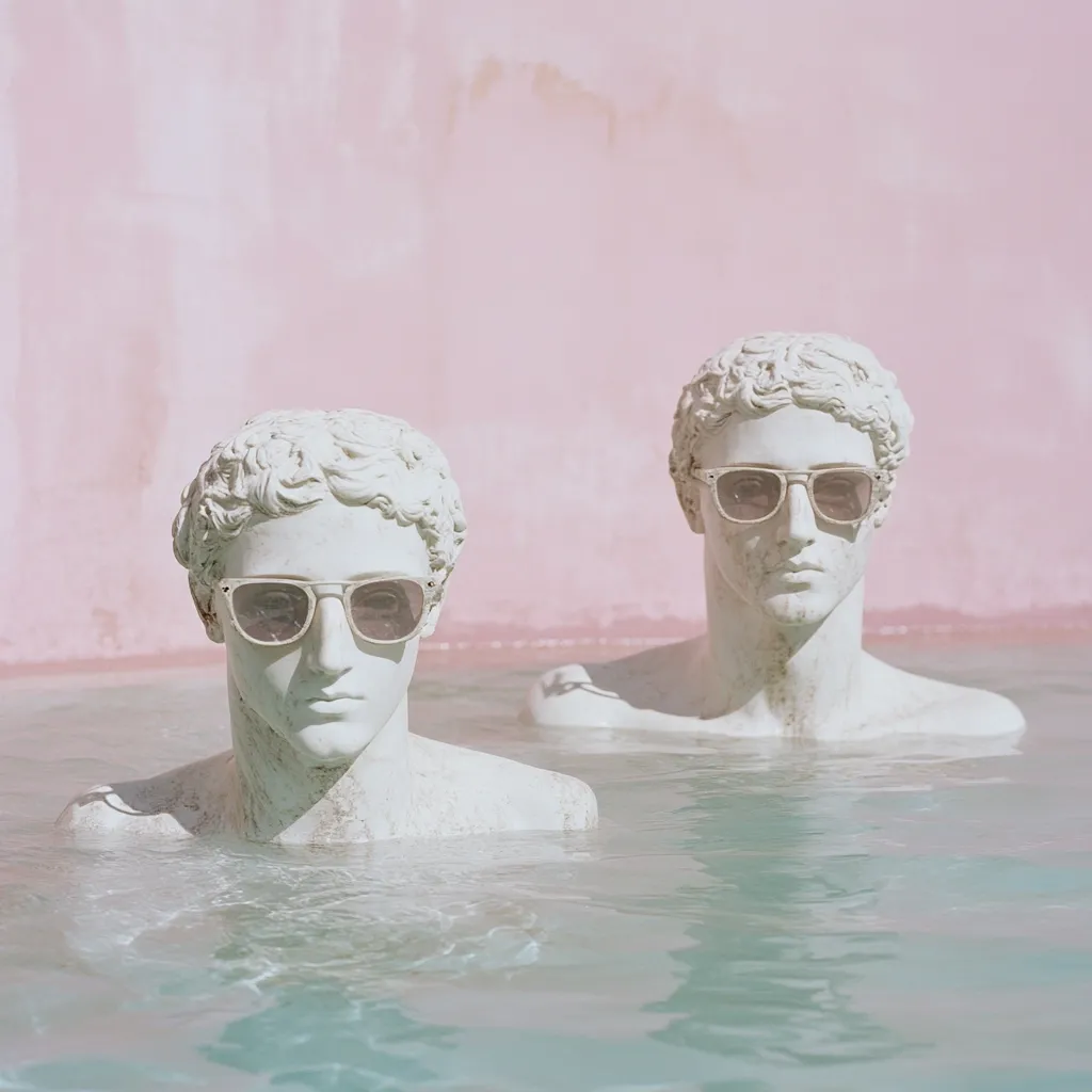 Two classical busts, submerged in a pale turquoise pool, against a soft pink wall.  Both busts wear modern sunglasses, creating a surreal juxtaposition of antiquity and contemporary style. The image has a dreamlike, almost pastel quality. The serene scene suggests a tranquil and unusual summer setting.